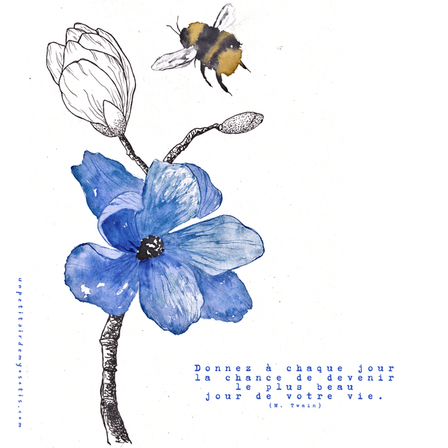 Carte postale "Donnez à chaque jour la chance de devenir le plus beau jour de votre vie" - Anémone bleue et bourdon