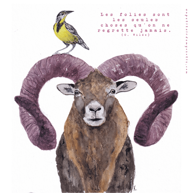 Carte postale "Les folies" - Mouflon et oiseau