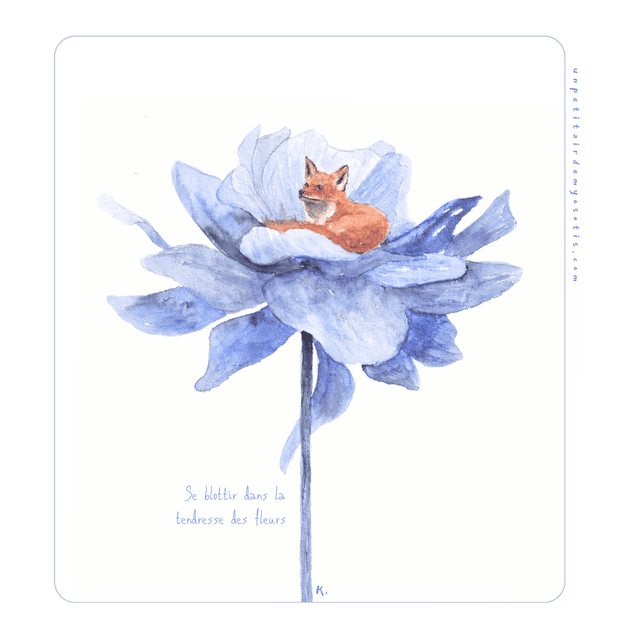 Carte-poème Renard blotti &quot;se blottir dans la tendresse des fleurs&quot; 