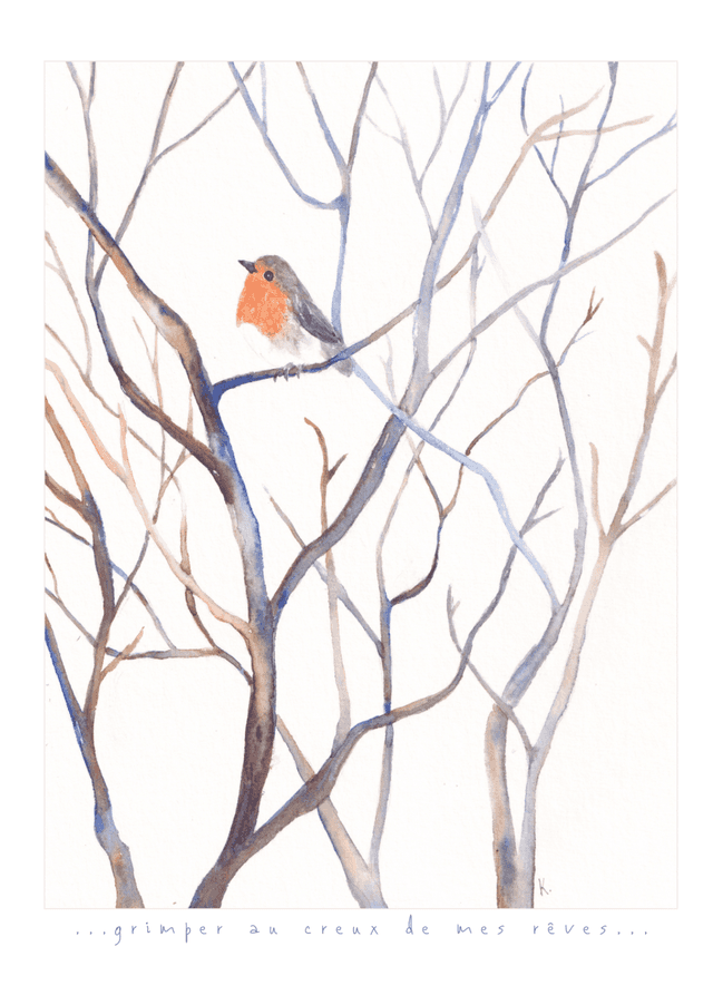 Carte-poème rouge gorge dans les branches &quot;grimper au creux de mes rêves&quot;